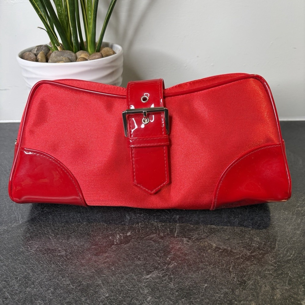 Dior Red Patent Faux Leather & Satin Cosmetic Pouch Bag Silver Snap Never Used
